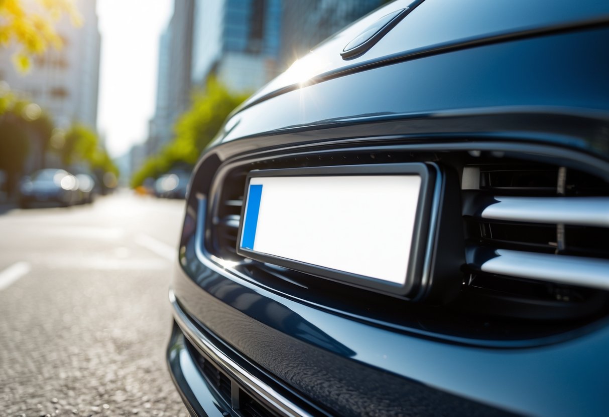 A shiny modern car parked on a sunny city street with a clear license plate area but no visible text or numbers.