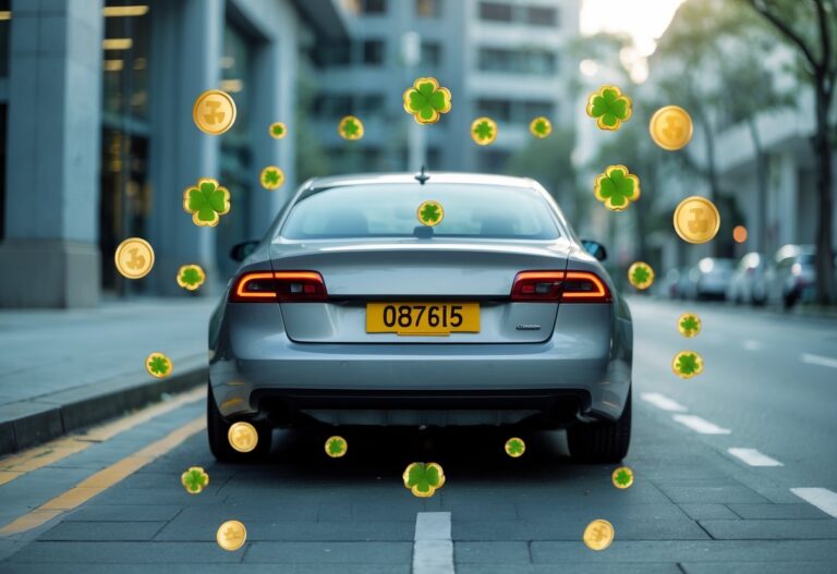 Close-up of a car license plate with numbers visible, parked on a city street with subtle lucky symbols in the background.