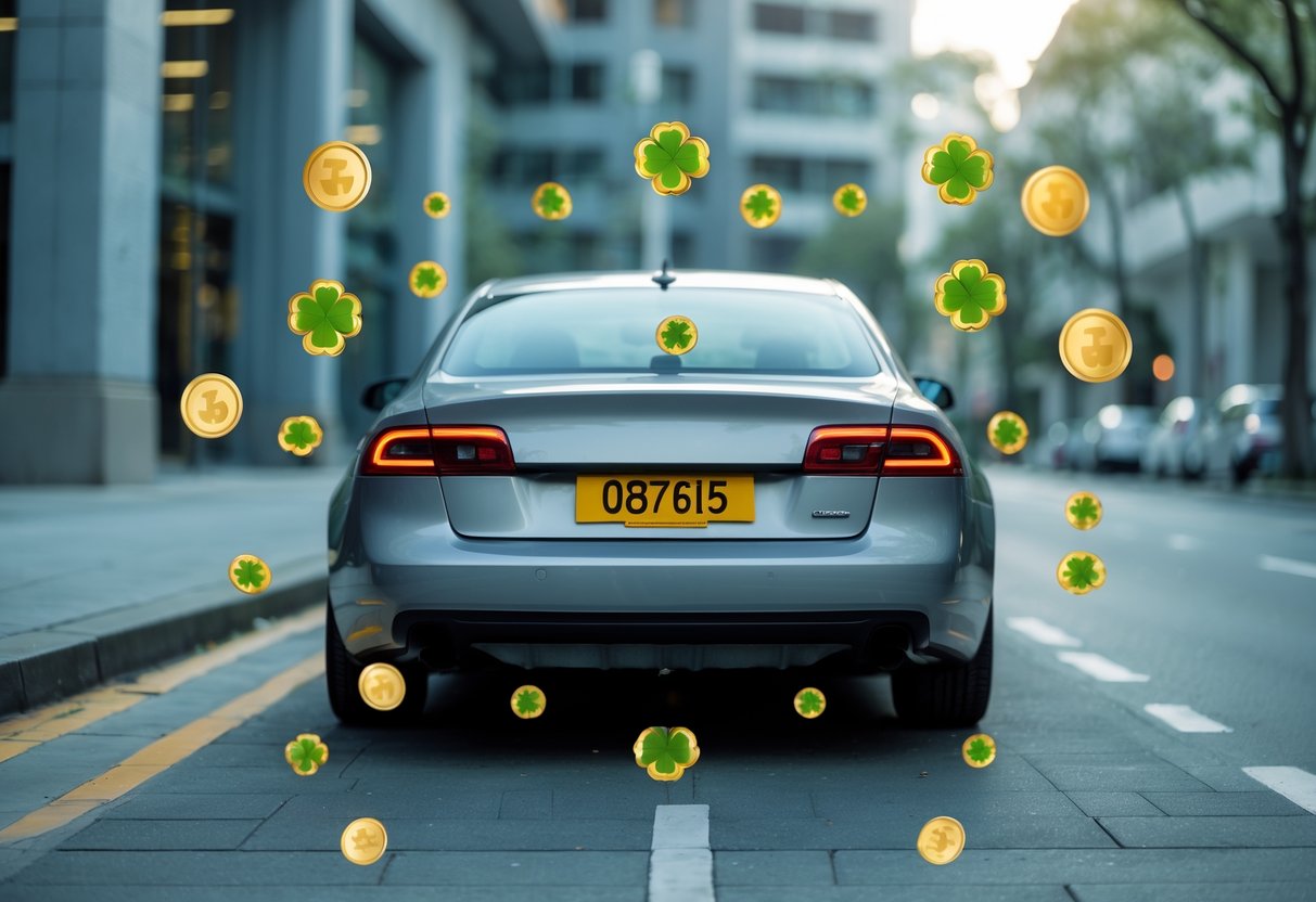 Close-up of a car license plate with numbers visible, parked on a city street with subtle lucky symbols in the background.