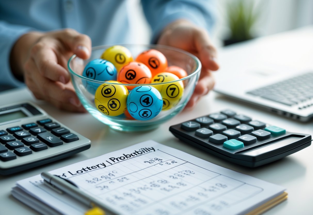 Close-up of hands holding colorful numbered lottery balls over a desk with a calculator and notepad containing calculations.
