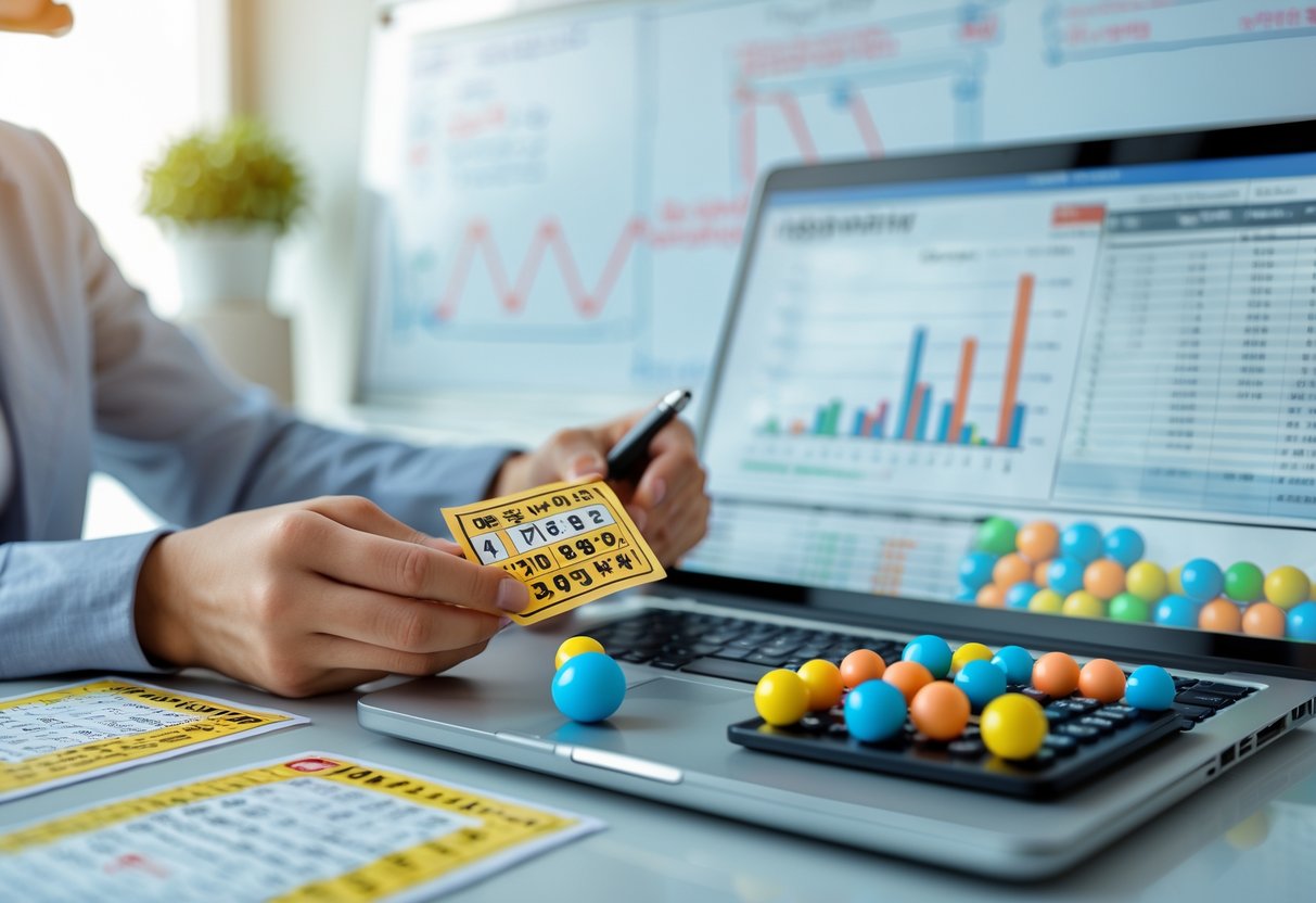 Hands holding colorful numbered lottery balls over a desk with a calculator, laptop displaying charts, and a whiteboard with probability diagrams in the background.