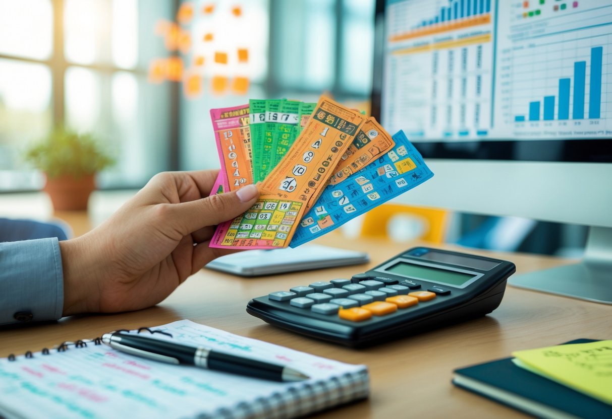 Hands holding lottery tickets and a calculator with charts and graphs visible on a computer screen in an office setting.