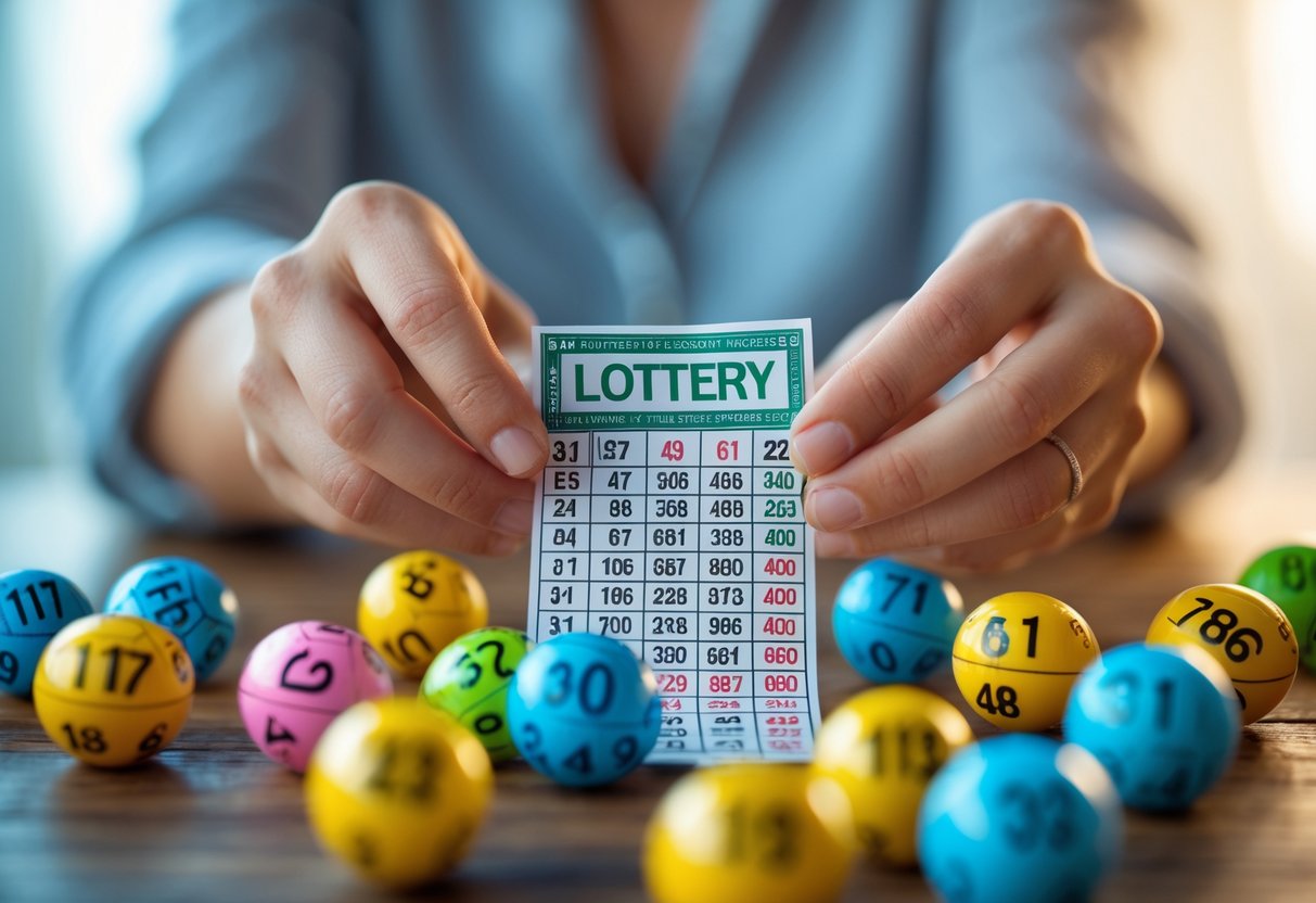 Hands holding a lottery ticket with numbered lottery balls scattered on a table.