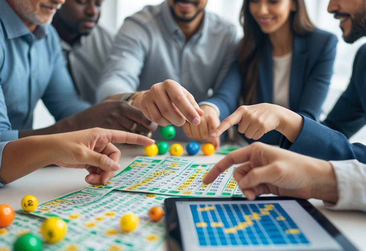 A group of people examining lottery tickets and numbered balls around a table with charts and a tablet displaying data.