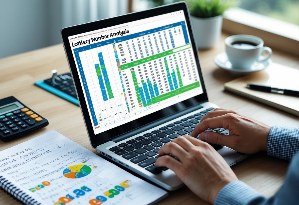 Hands typing on a laptop with mathematical formulas on the screen and a notepad with calculations on a desk with a calculator and coffee cup.