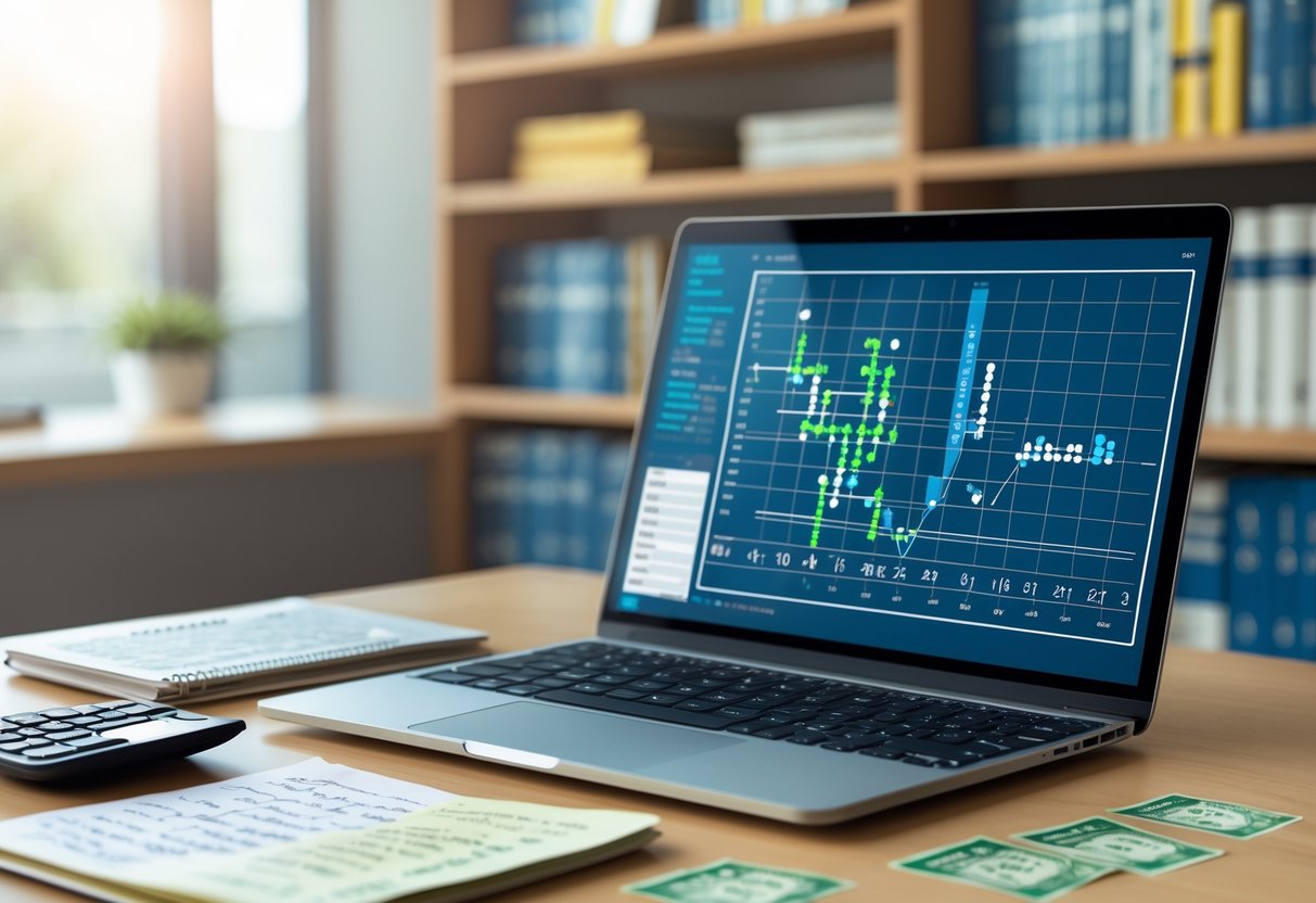 A workspace with a laptop showing mathematical formulas, lottery tickets, a calculator, and a notebook with handwritten notes on a desk.