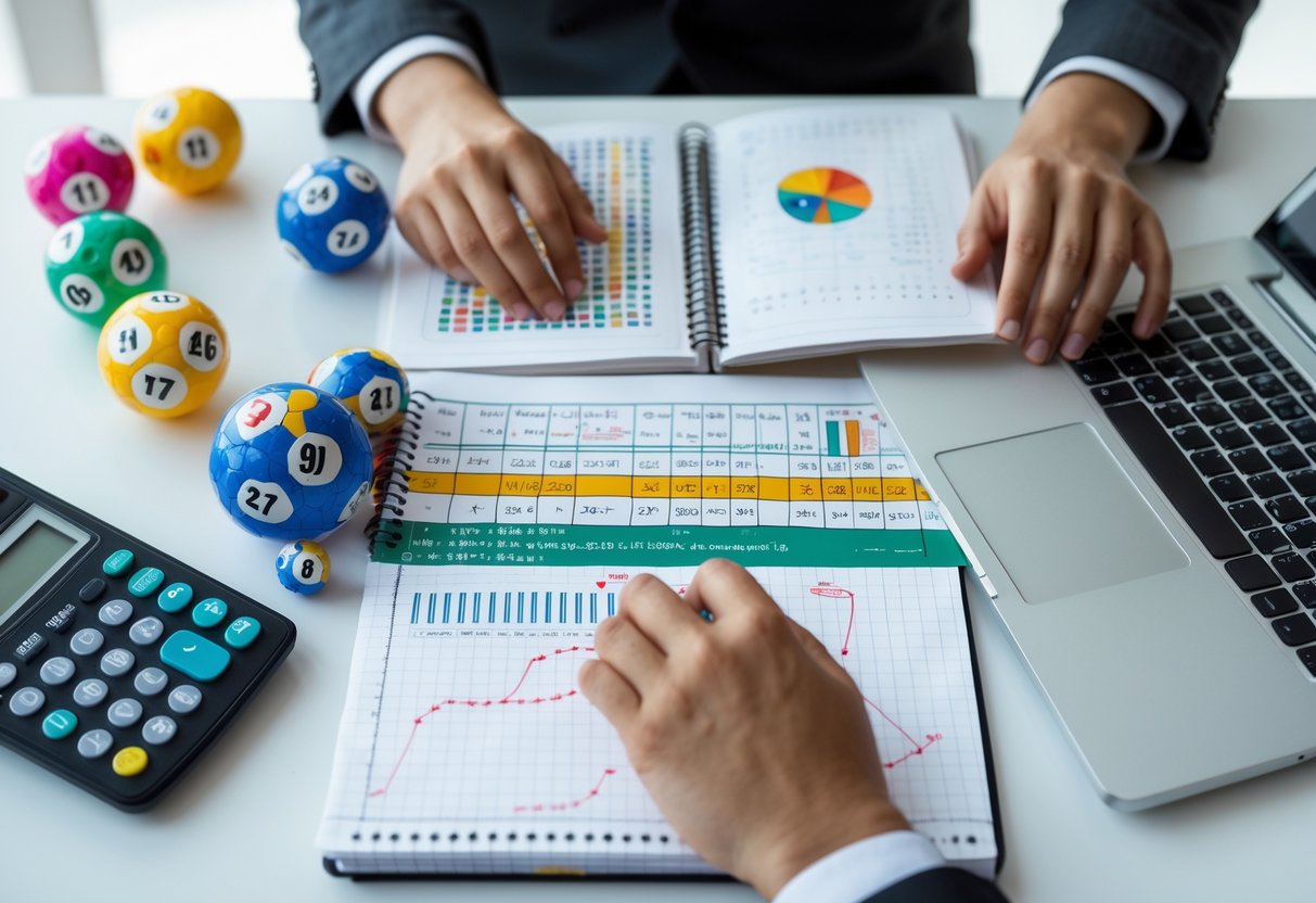 Hands working on mathematical calculations with a calculator, notebook of formulas, laptop with charts, and lottery balls on a desk.