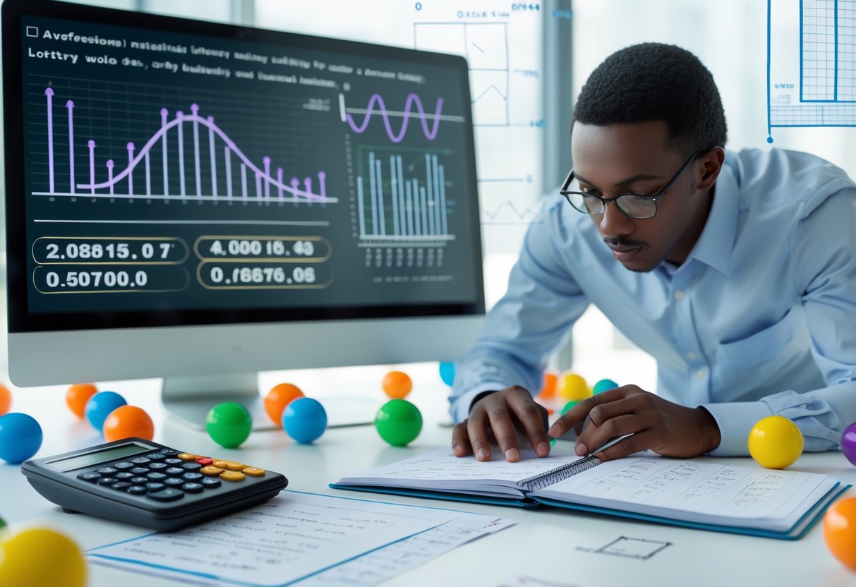 Person analyzing mathematical formulas and probability charts related to lottery odds in a modern workspace.