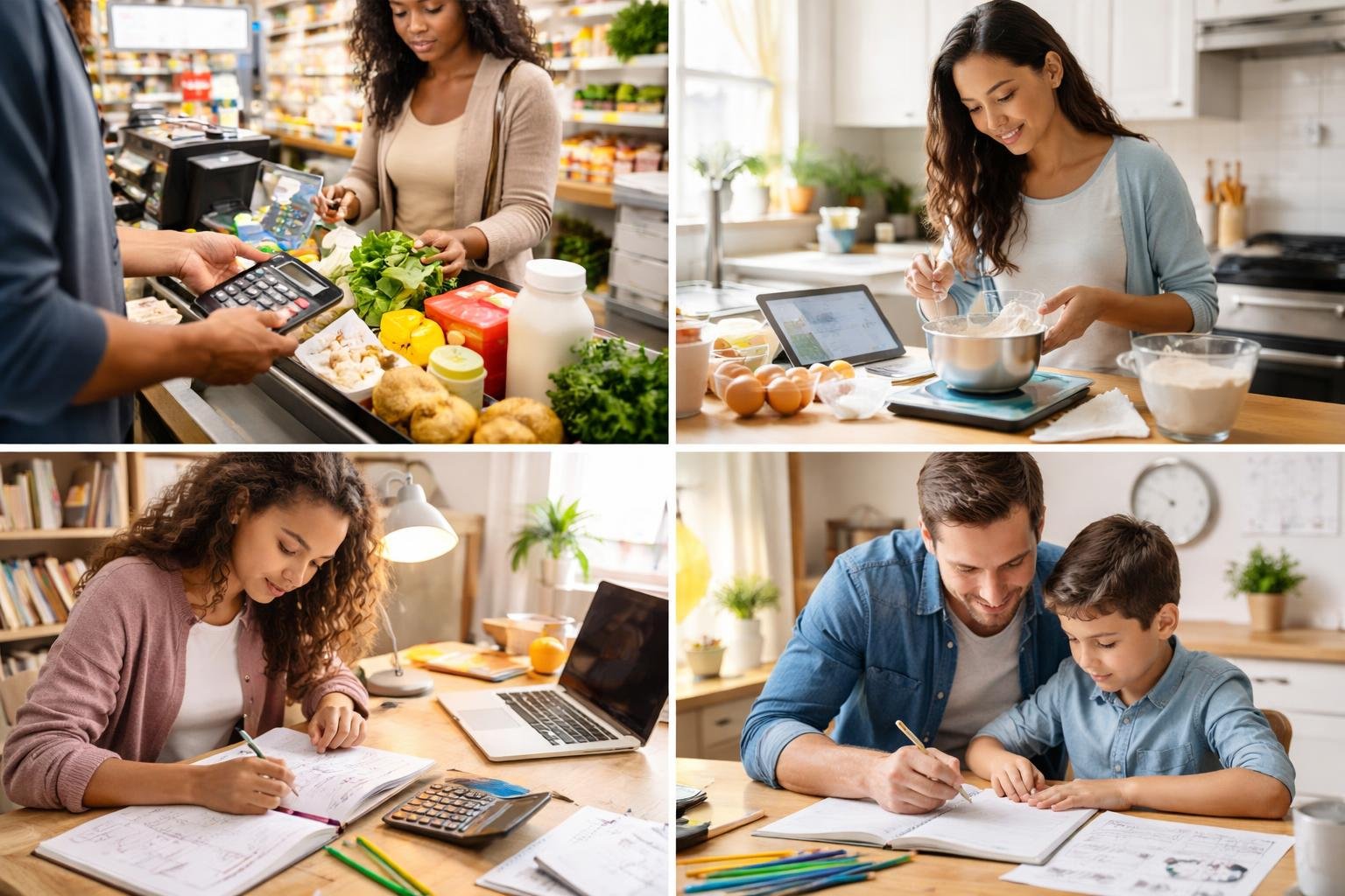 People using math in daily activities like shopping, cooking, studying, and helping with homework.