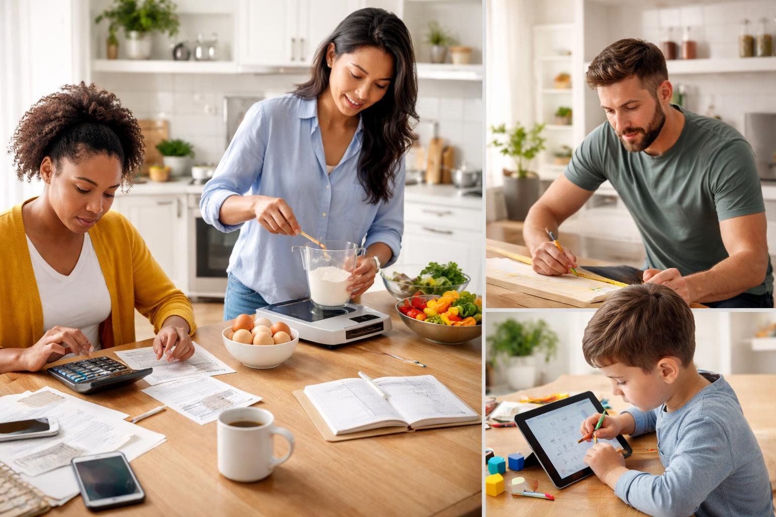 People performing everyday tasks involving math, such as calculating expenses, measuring ingredients, solving arithmetic on a tablet, and measuring furniture in a bright home setting.