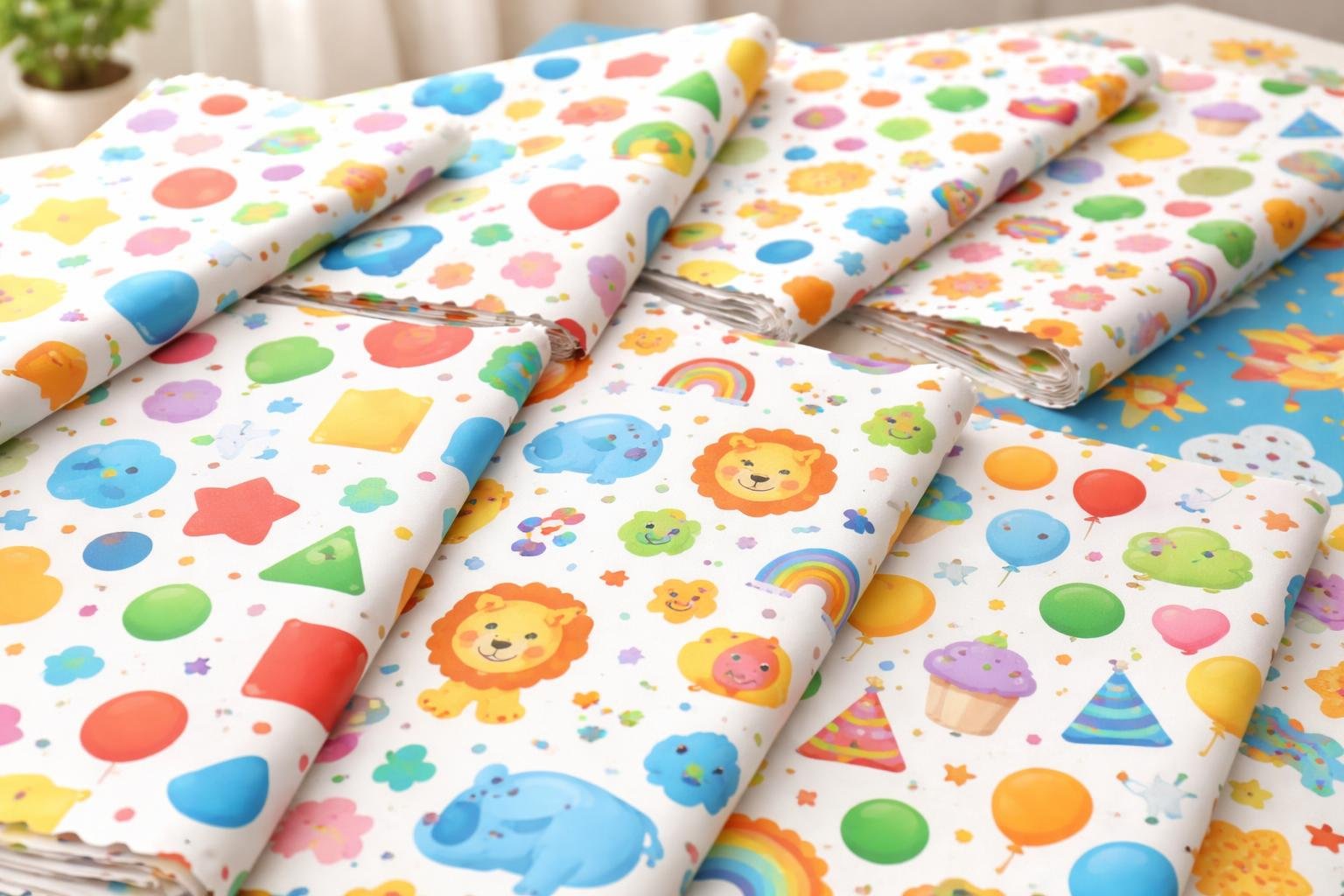 Colorful kindergarten patterns with shapes, animals, stars, and rainbows arranged on a clean surface.