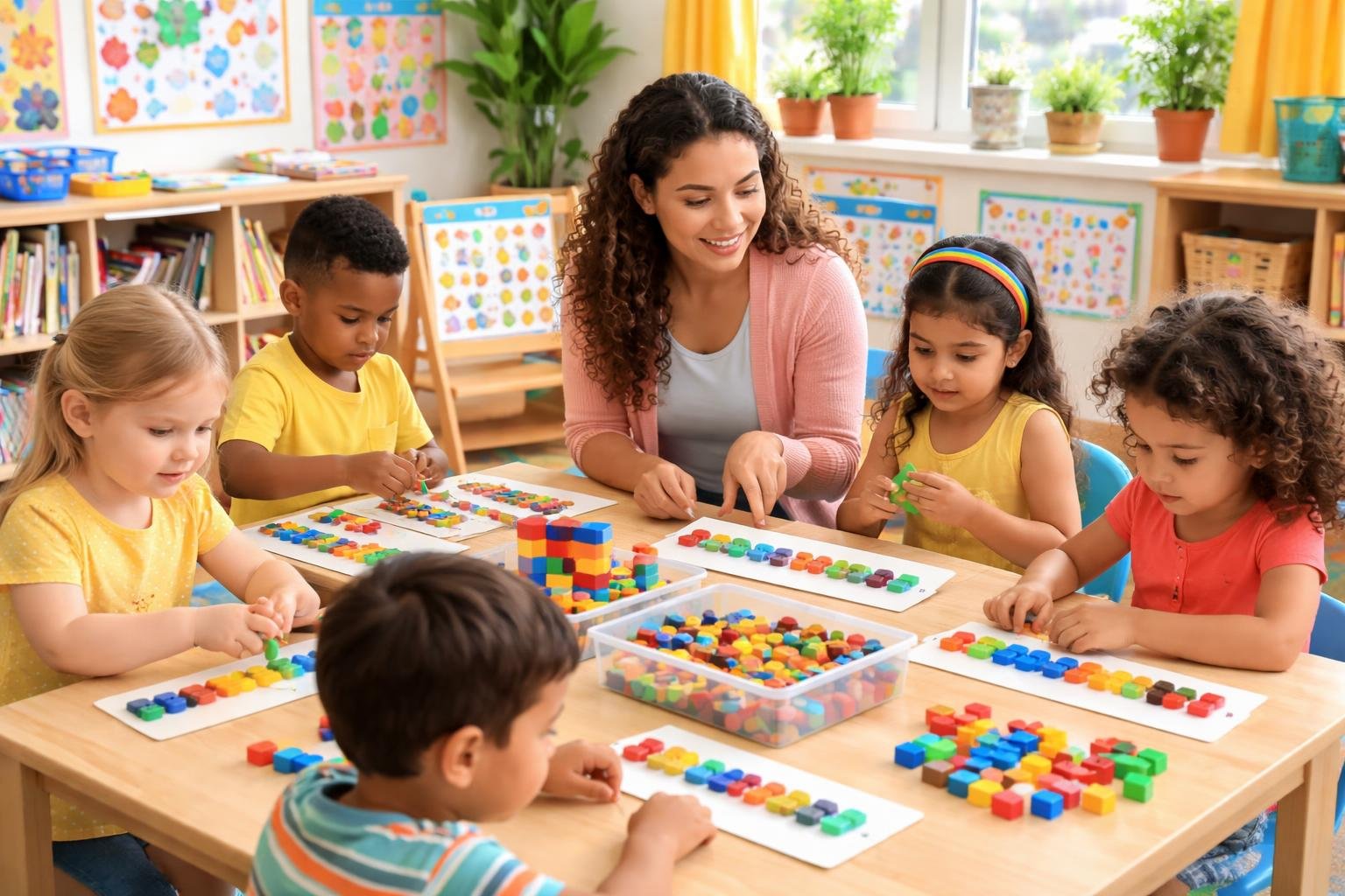 Young children in a kindergarten classroom working with colorful pattern blocks and picture cards while a teacher guides them.