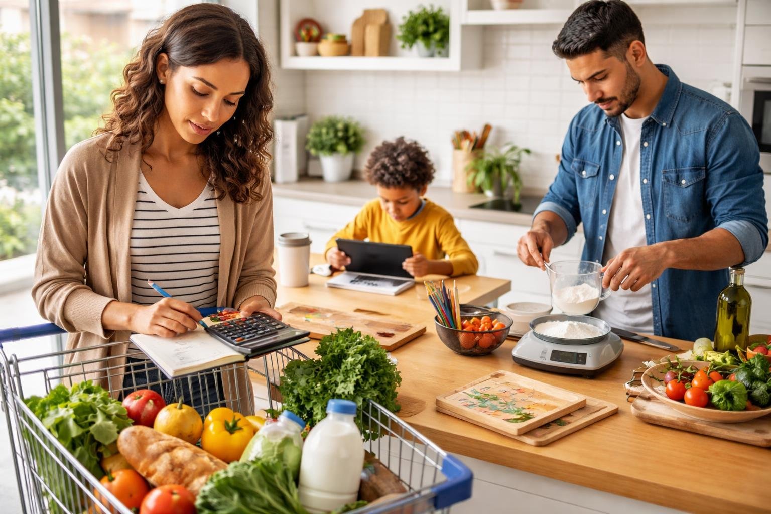 People using math in daily life, including shopping with a calculator, measuring ingredients while cooking, and a child solving math problems on a tablet at a kitchen table.