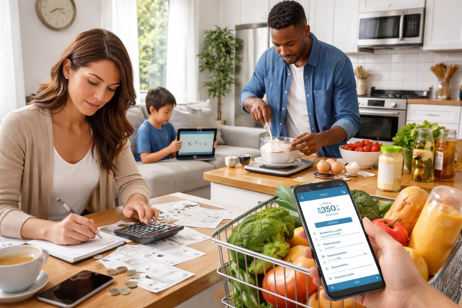 People using math in daily life, including calculating expenses, measuring ingredients, solving problems on a tablet, and budgeting while shopping.