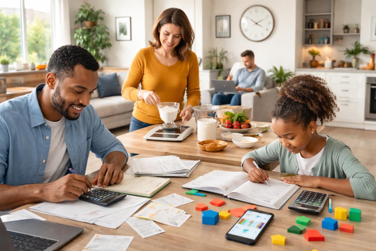 A family in a kitchen and living room using math for budgeting, cooking, and homework with measuring tools, calculator, and books.