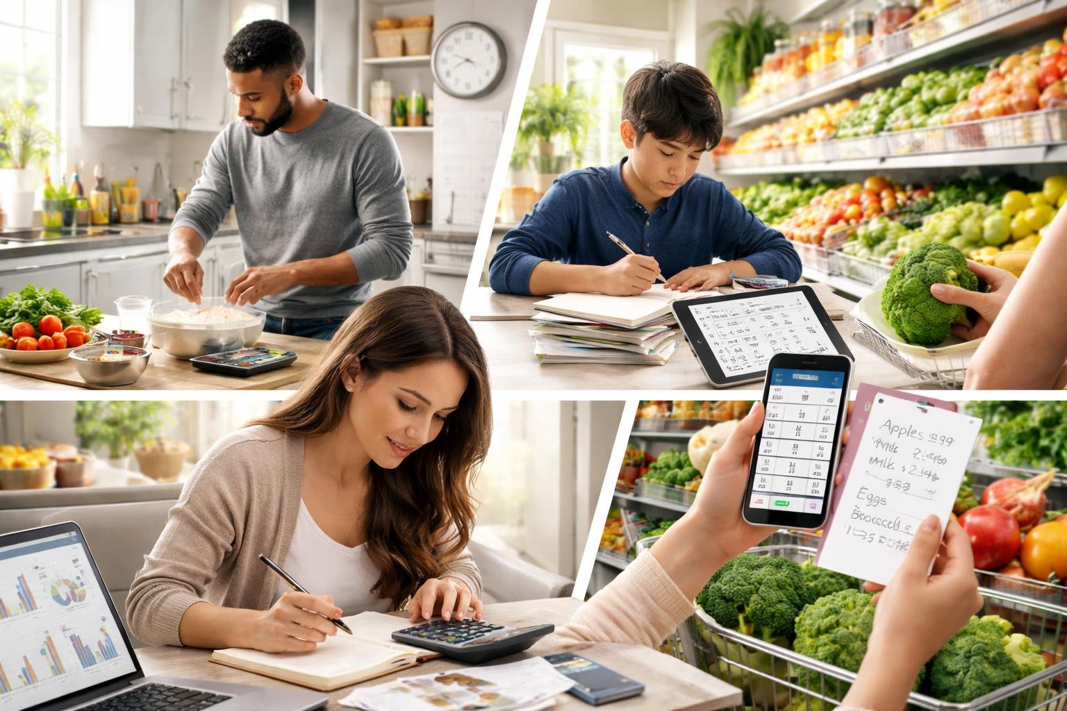 People using math in daily life, including calculating expenses, measuring ingredients, solving problems on a tablet, and shopping with a list.