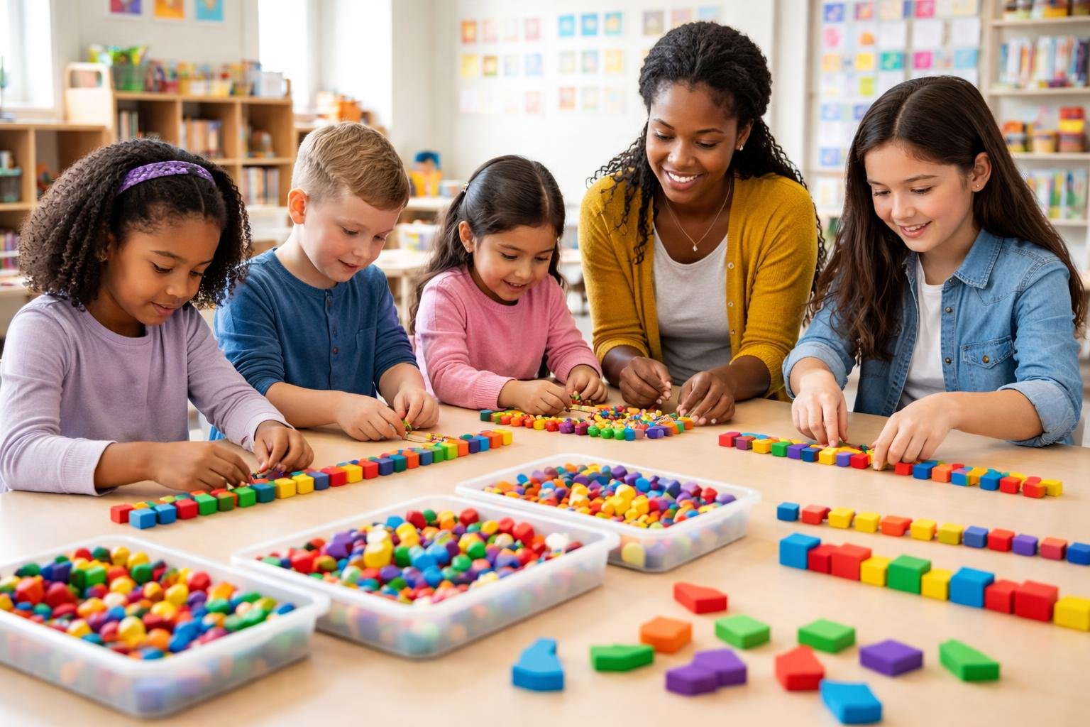 Children and adults sitting around a table creating and extending colorful patterns with beads and blocks in a classroom.