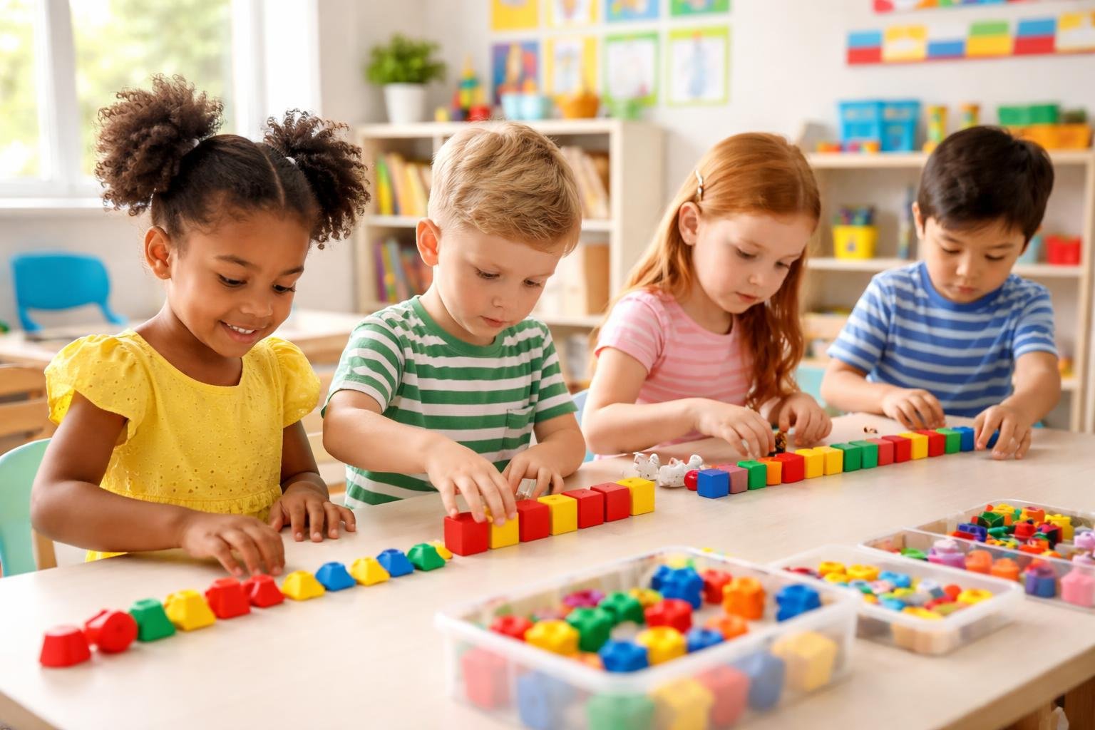 Young children arranging colorful shapes in patterns on a table in a bright classroom.