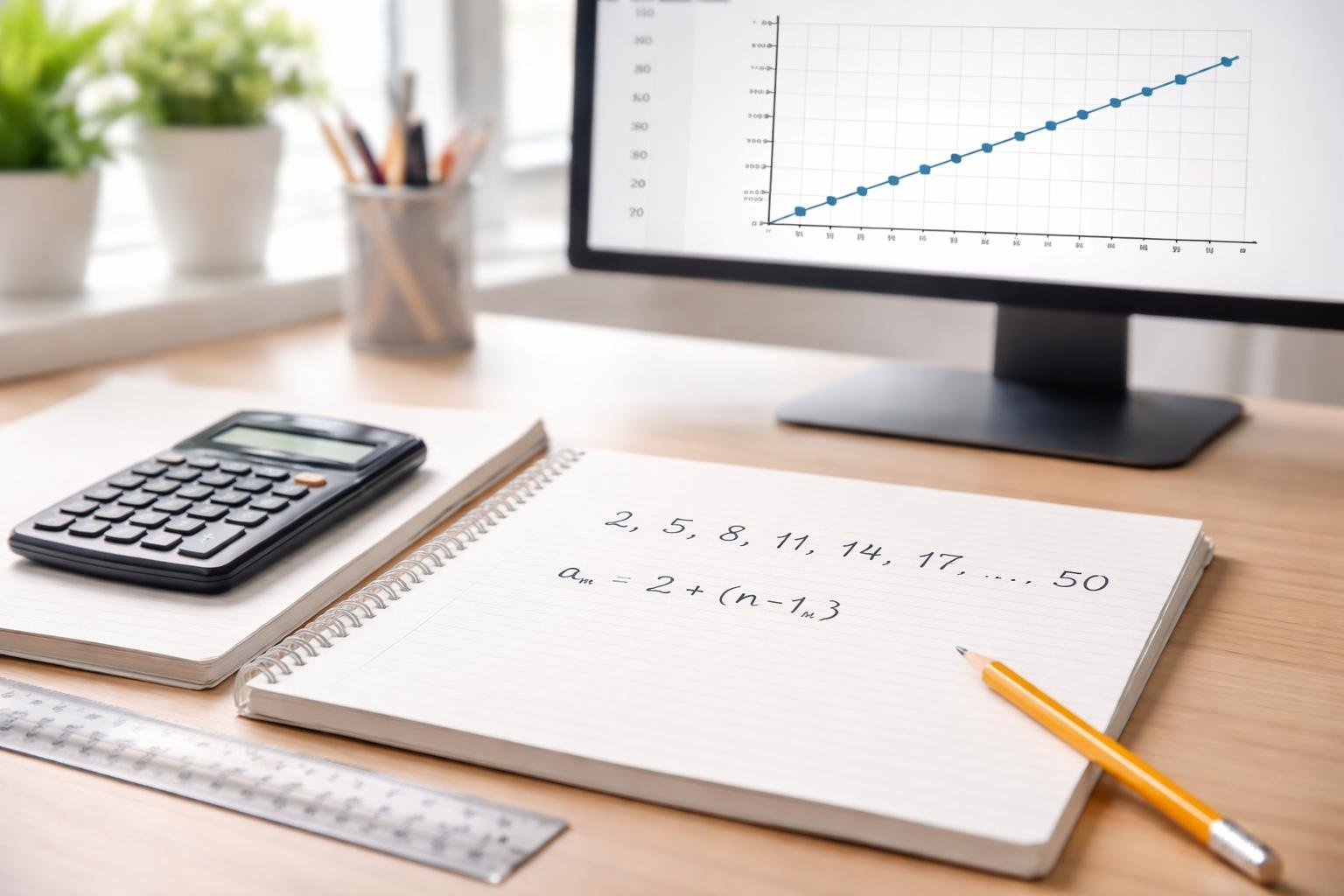 A workspace with an open notebook showing a sequence of numbers, a calculator, pencil, ruler, and a computer screen displaying a graph with evenly spaced points.