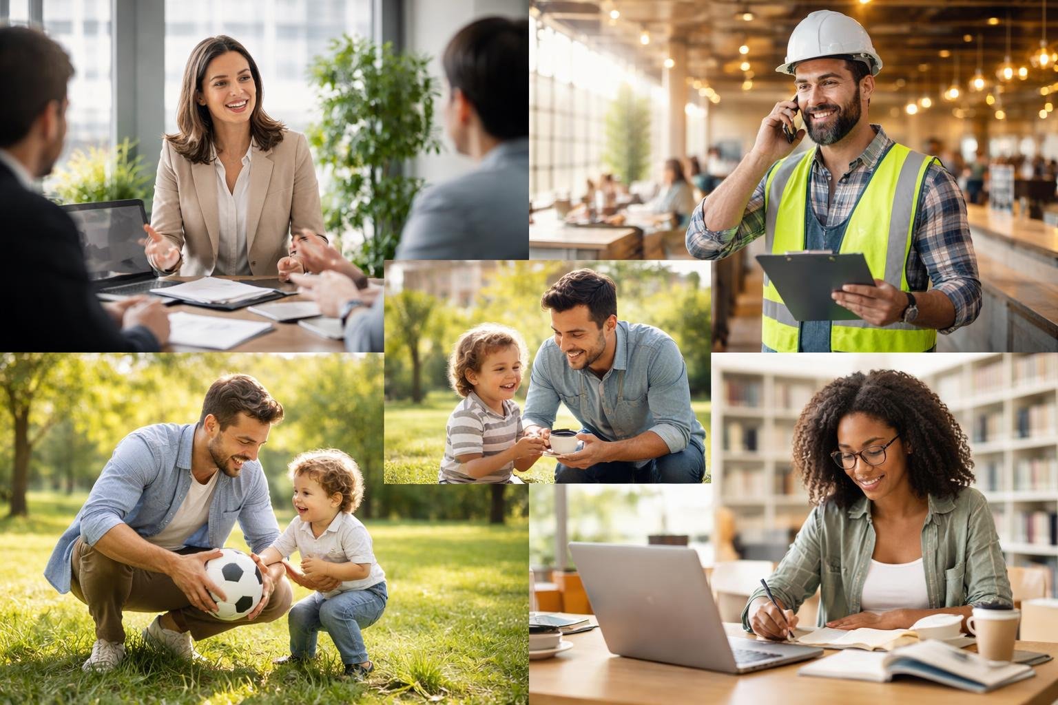 People engaged in various everyday activities including a business meeting, playing with a child in a park, serving coffee in a café, inspecting a construction site, and studying in a library.