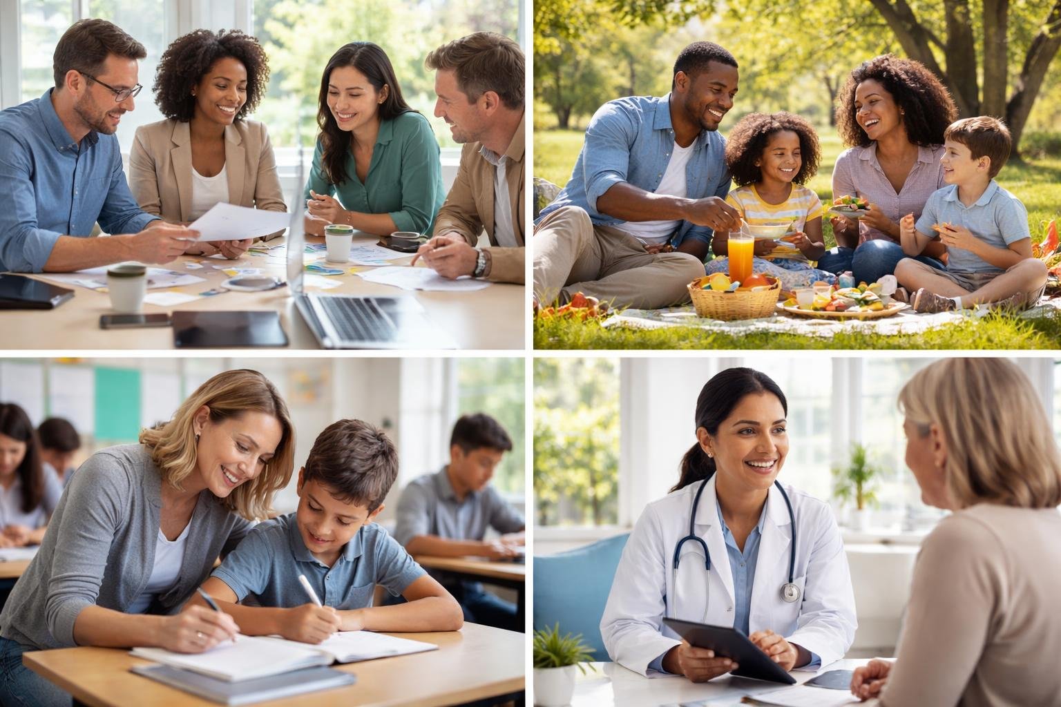 A group of people in different real life situations including a business meeting, a family picnic, a teacher helping a student, and a healthcare consultation.