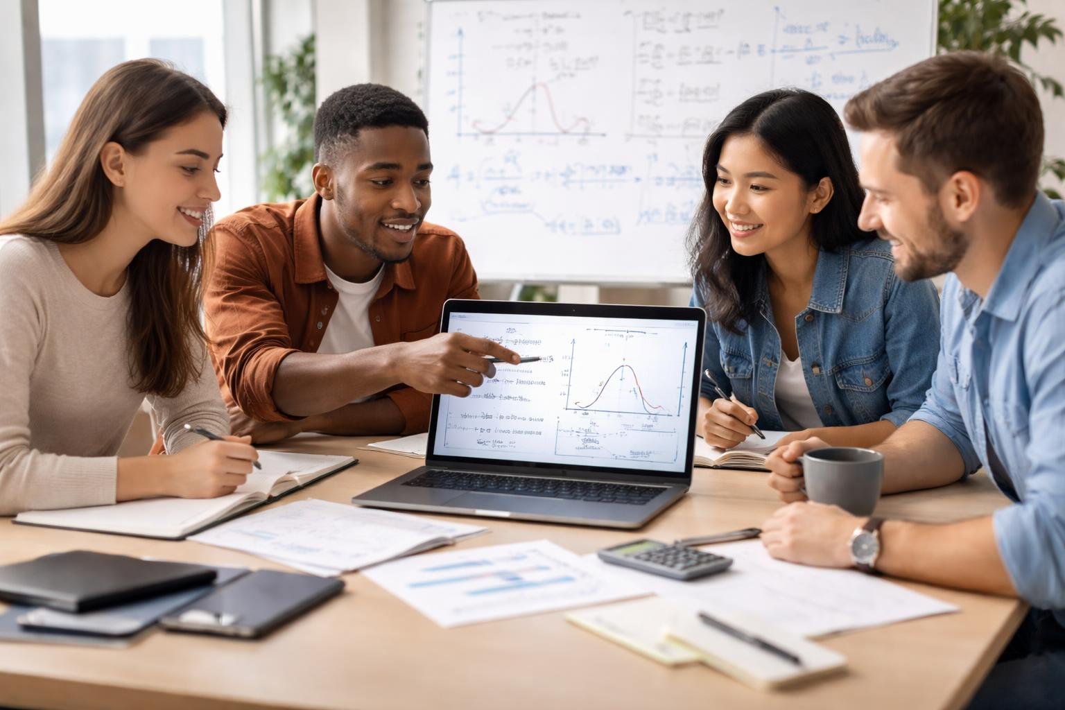 A group of young adults working together around a table using a tablet displaying algebraic equations and graphs in a modern office.