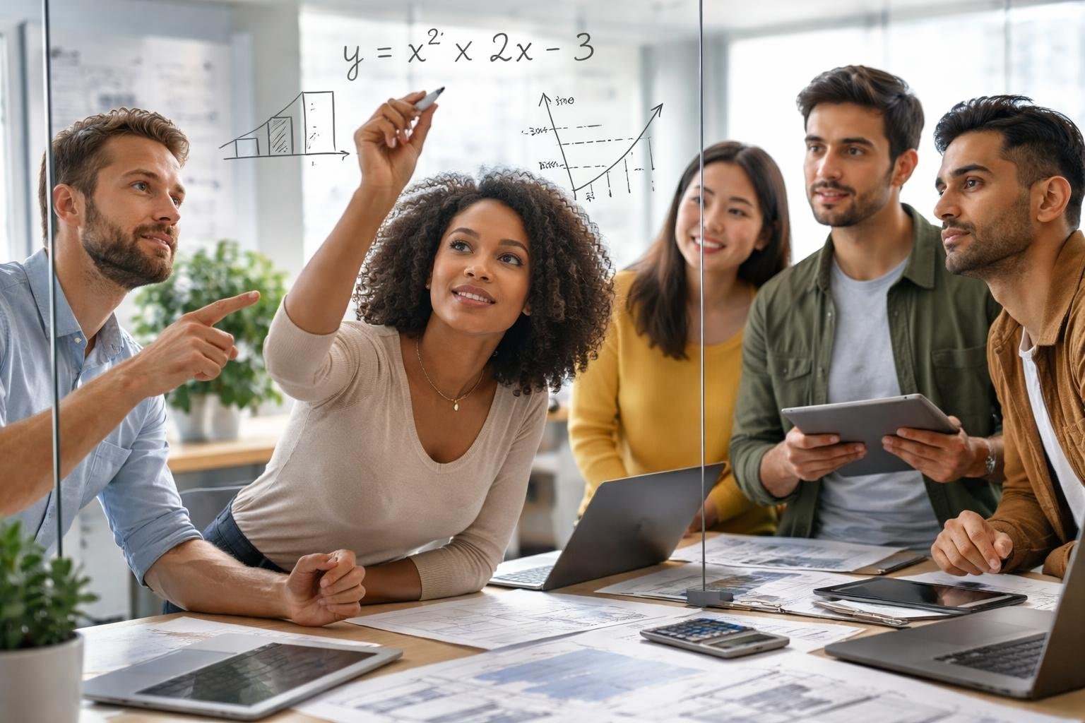 A group of people working together around a table with laptops and a glass board showing algebra equations and graphs.
