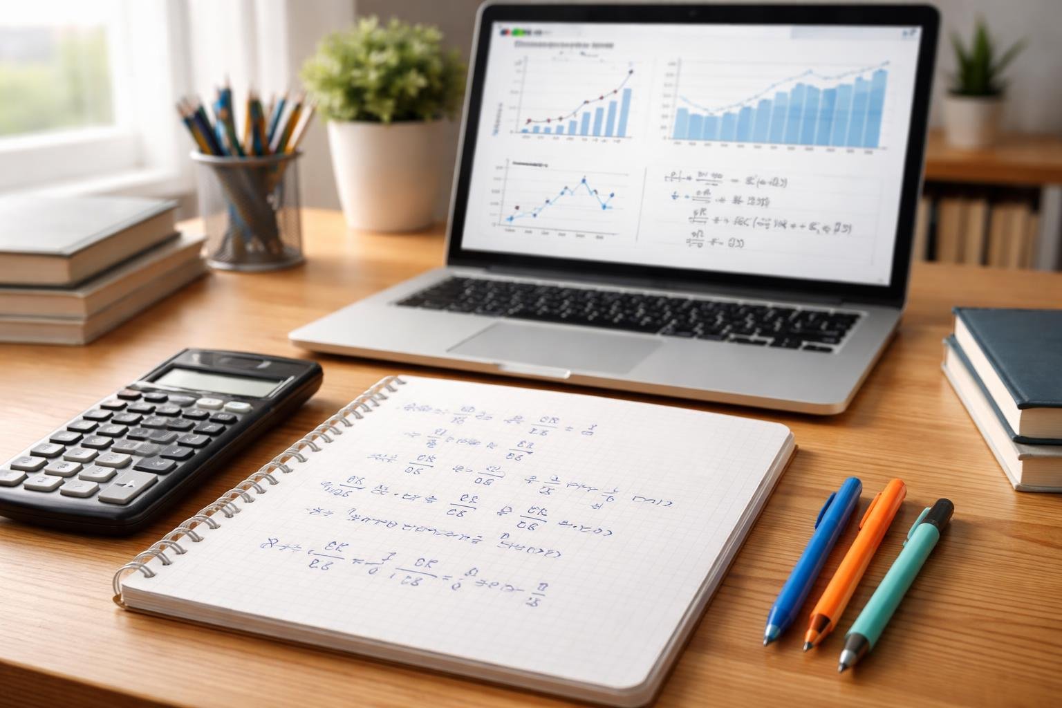 A workspace with a notebook showing mathematical formulas, a calculator, pens, and a laptop displaying graphs on a wooden desk.