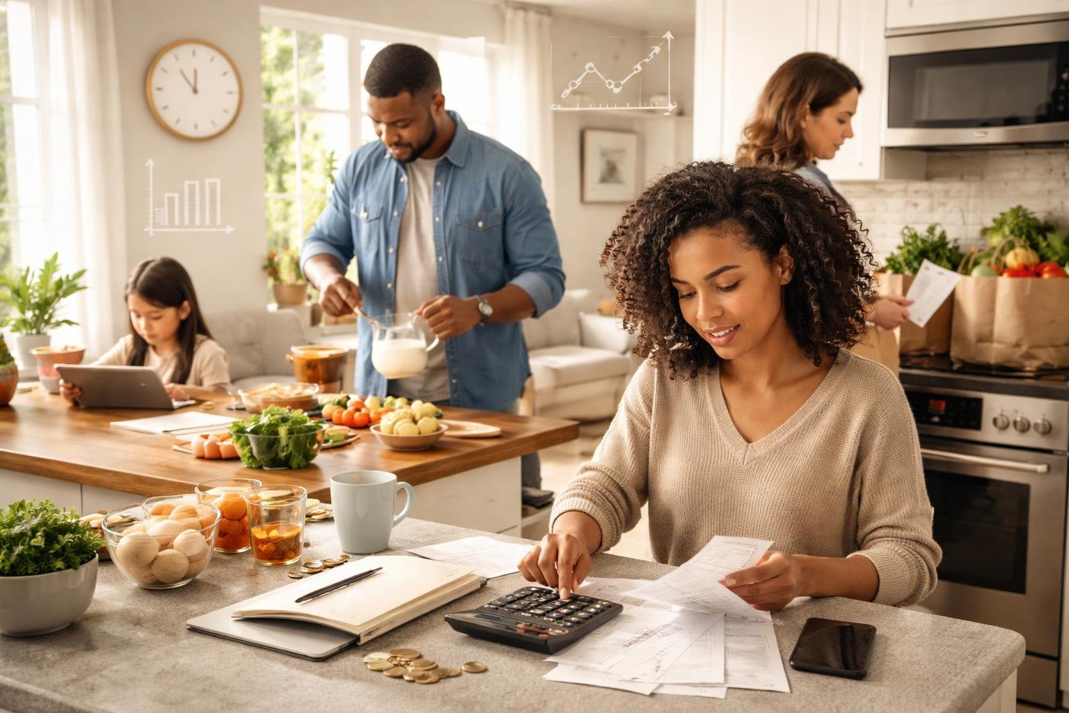 People performing everyday tasks like calculating expenses, cooking with measurements, solving math problems on a tablet, and shopping with a list.