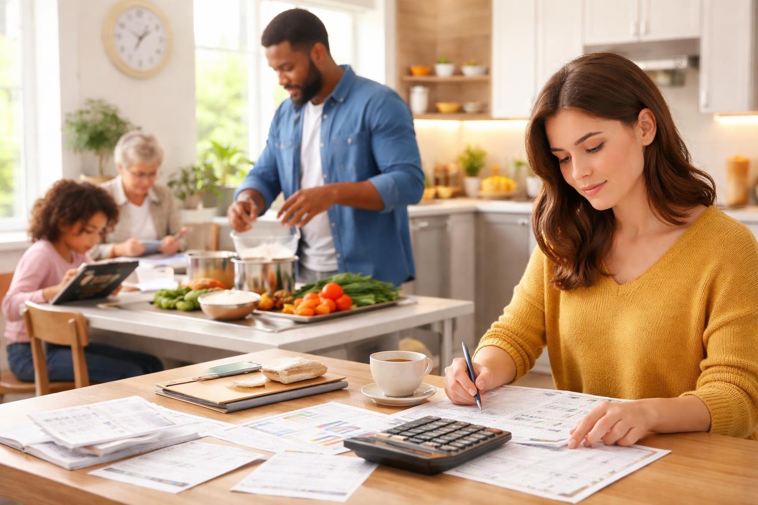 People of different ages engaged in daily activities involving math, such as calculating finances, measuring ingredients, and solving problems on a tablet in a bright home setting.