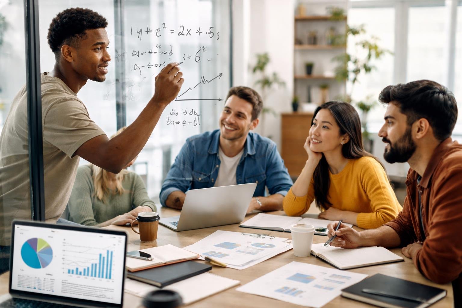 A group of young adults working together around a table, using algebra equations on a glass board to solve real-life problems.