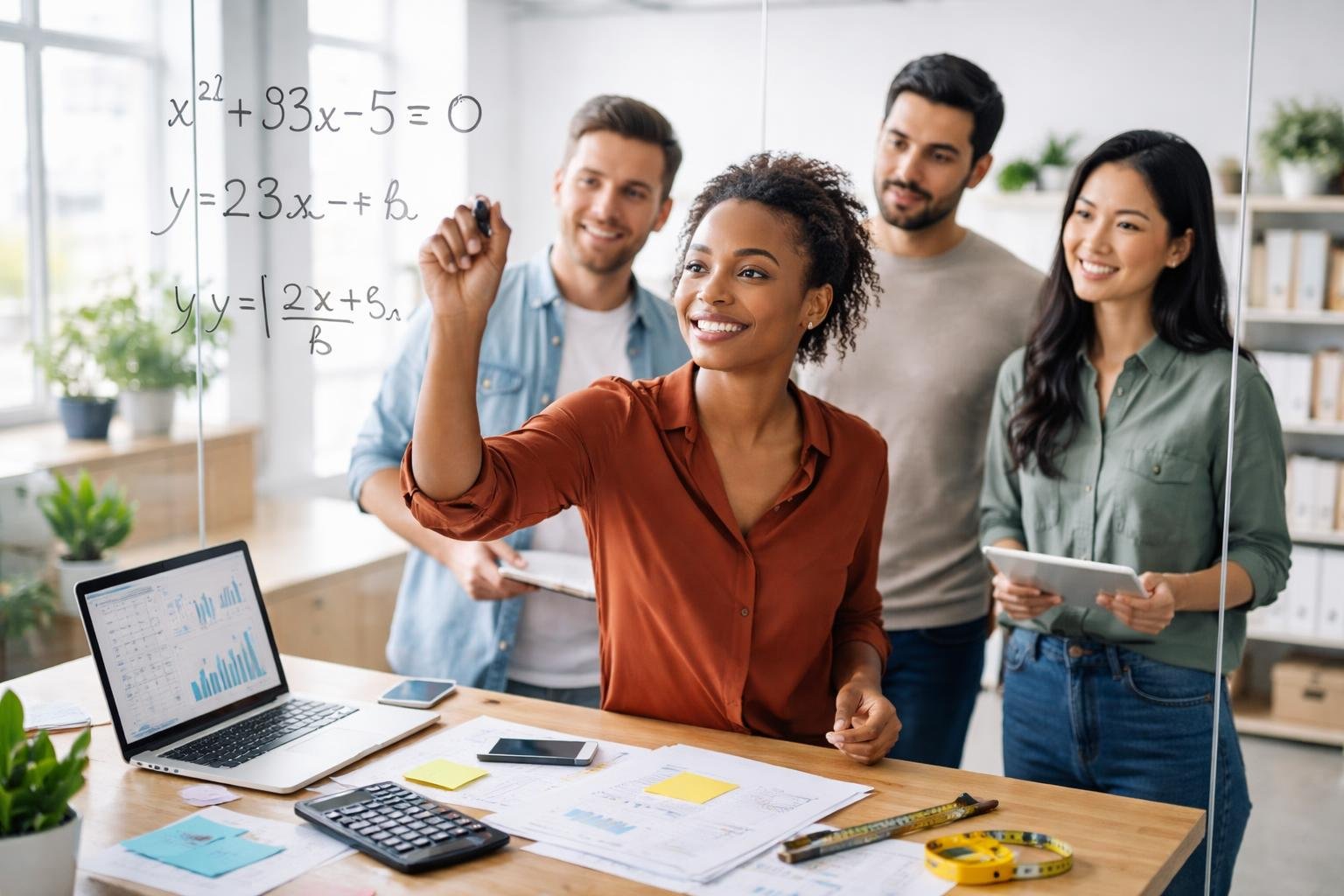 A group of adults working together in an office, using algebra equations and everyday tools to solve real-life problems.