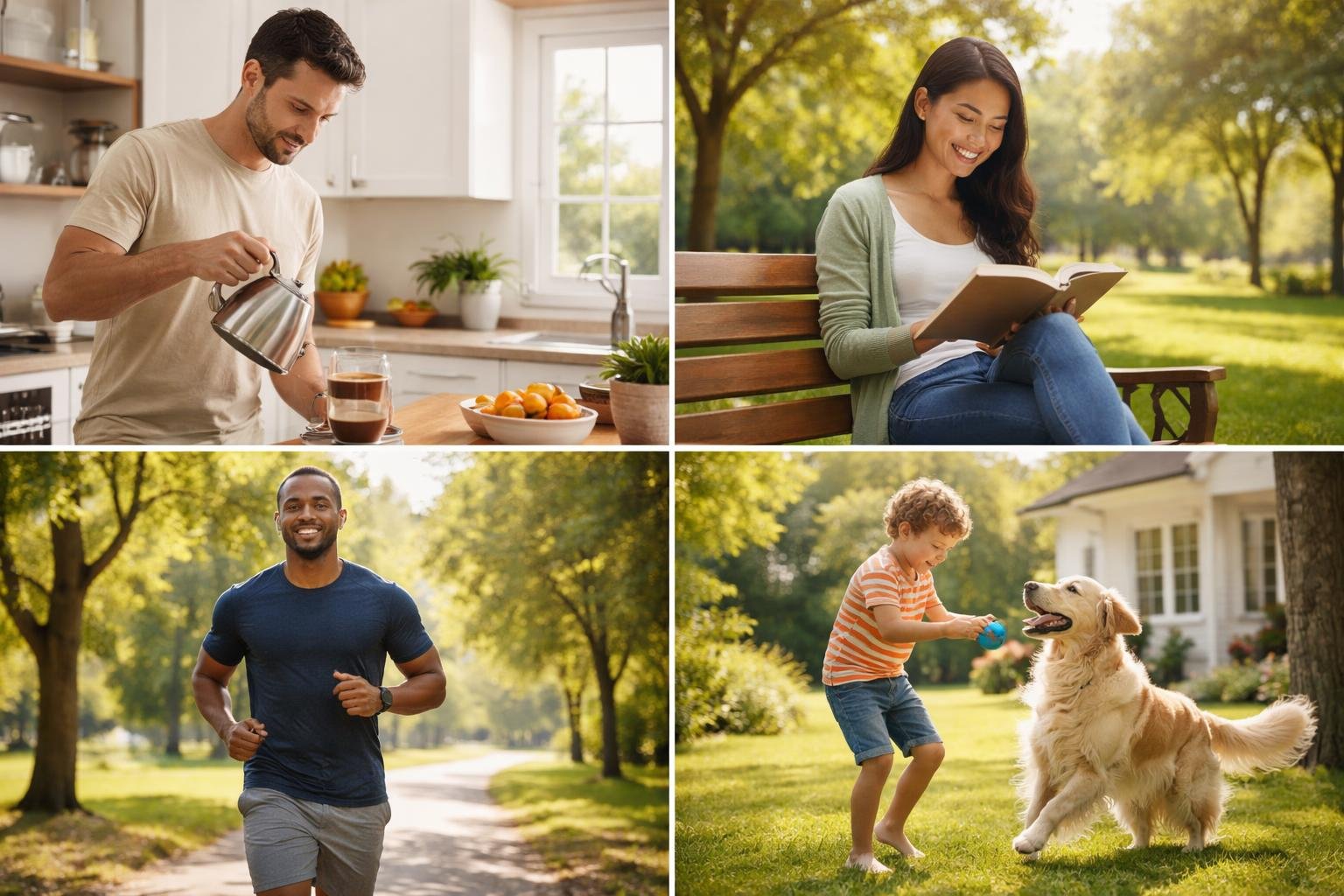 People engaged in everyday activities including making coffee, reading on a bench, jogging, and playing with a dog outdoors.
