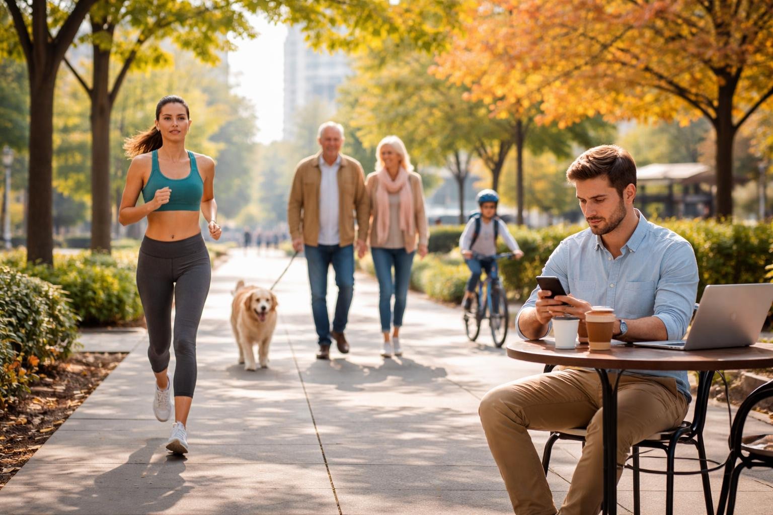 People jogging, walking a dog, drinking coffee, and riding a bicycle outdoors in a city park.
