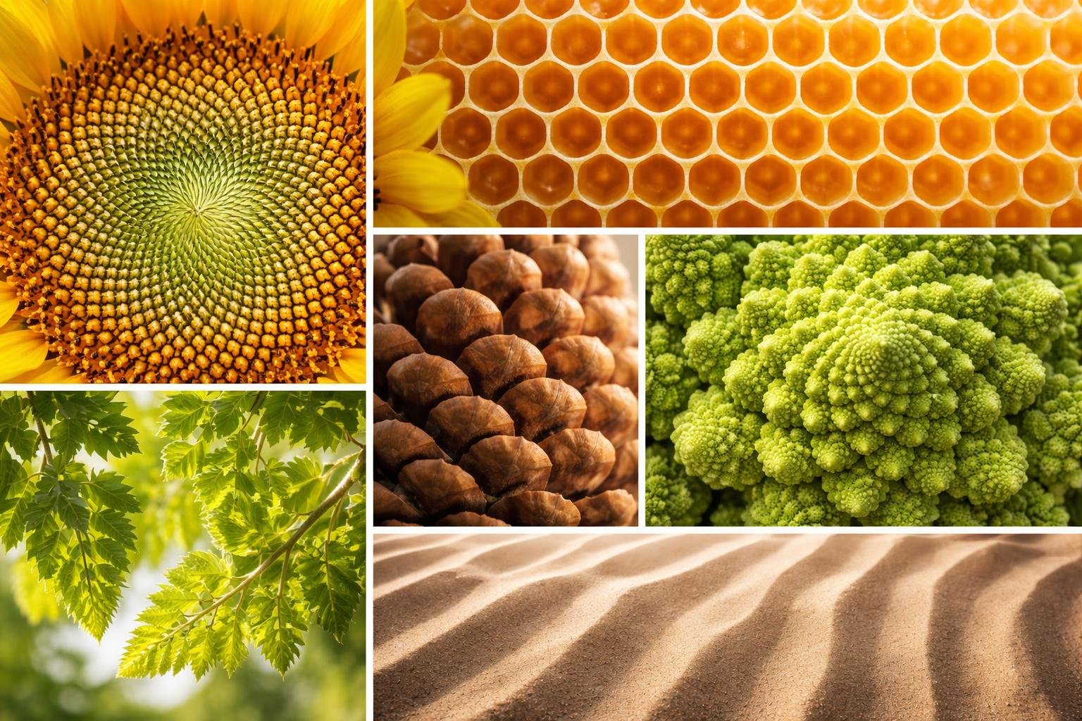 Close-up images of various natural repeating patterns including sunflower seeds, honeycomb, pinecone scales, tree leaves, and sand dunes.