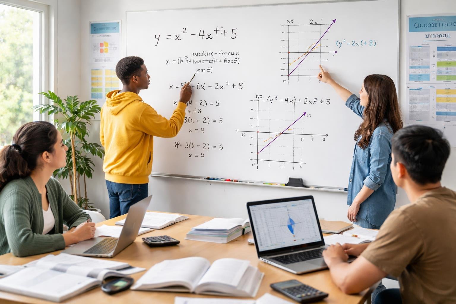Students working together on algebra problems on a whiteboard in a bright classroom with textbooks and laptops on the table.