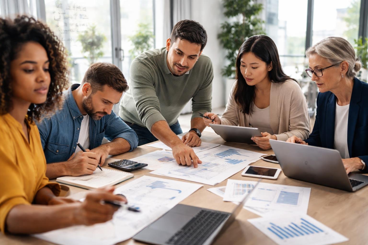 A group of adults working together at a table with calculators, laptops, and notebooks, solving algebra problems in a bright office.