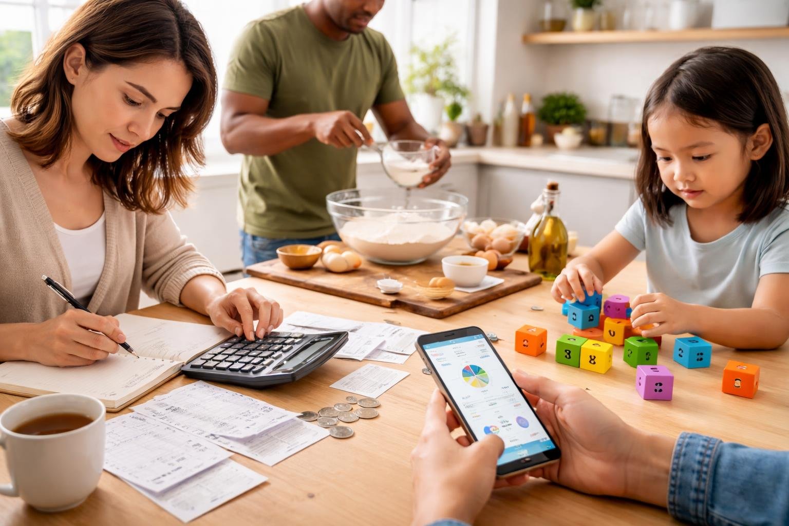 People performing everyday tasks involving math, including calculating expenses, measuring ingredients, counting blocks, and using a smartphone app in a home setting.