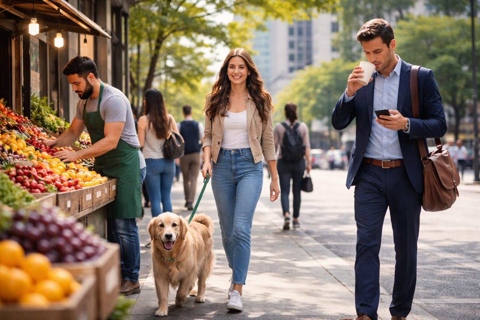 People walking, shopping, and going about their daily activities on a busy city street during the day.