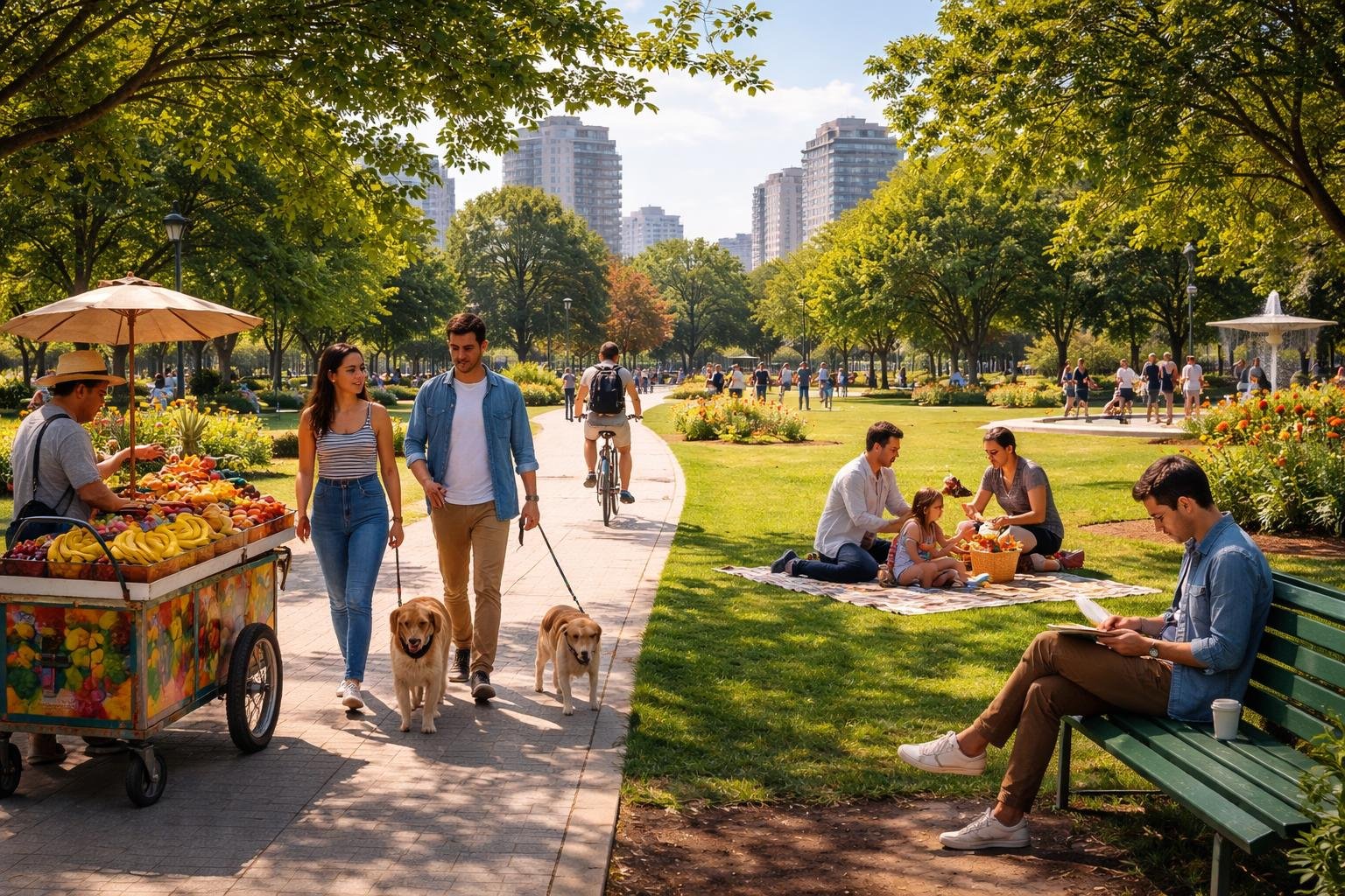 People enjoying various daily activities in a city park, including walking dogs, reading, having a picnic, cycling, and buying fruit from a vendor.