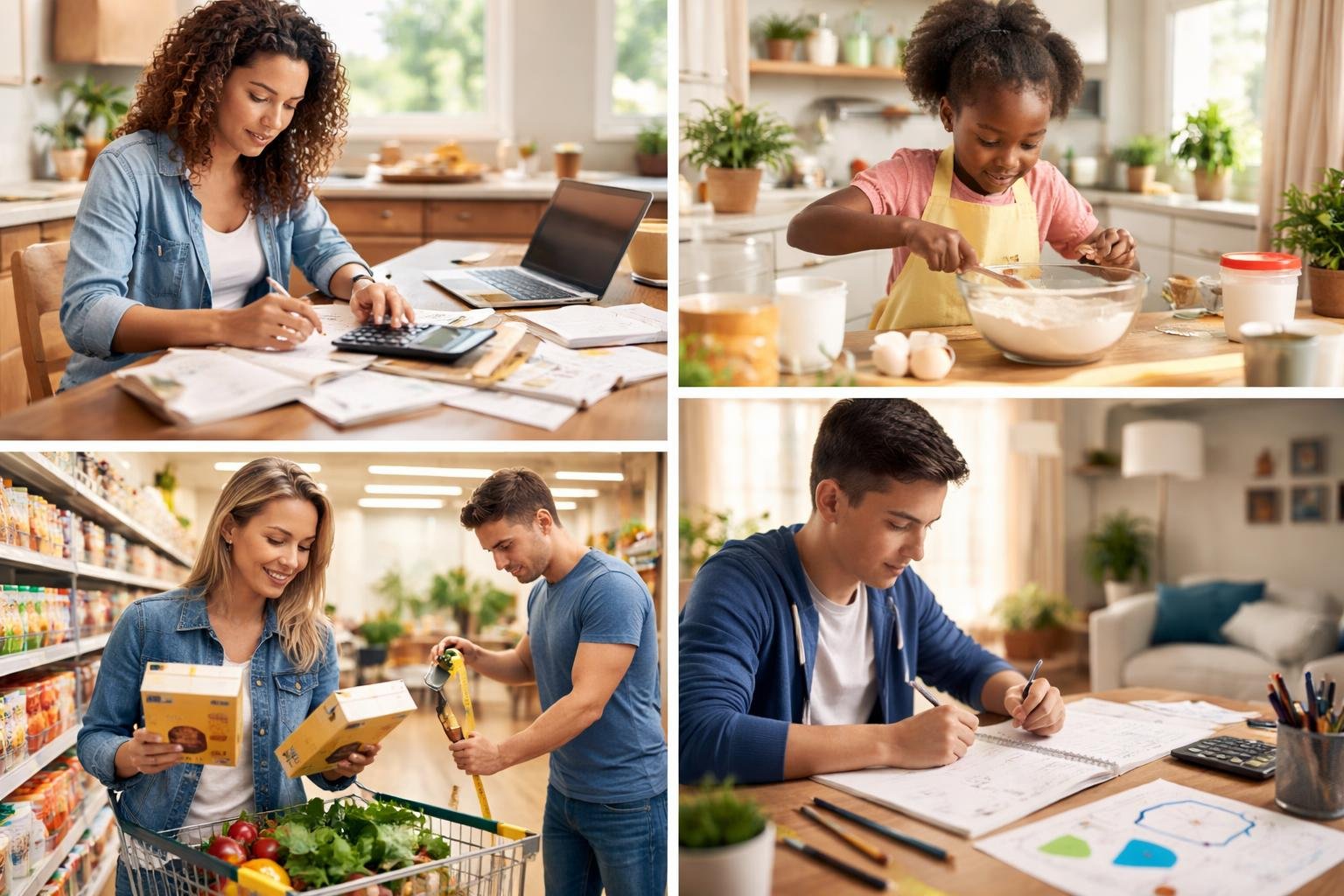 People using math in daily life, including budgeting, measuring, cooking, shopping, and studying.