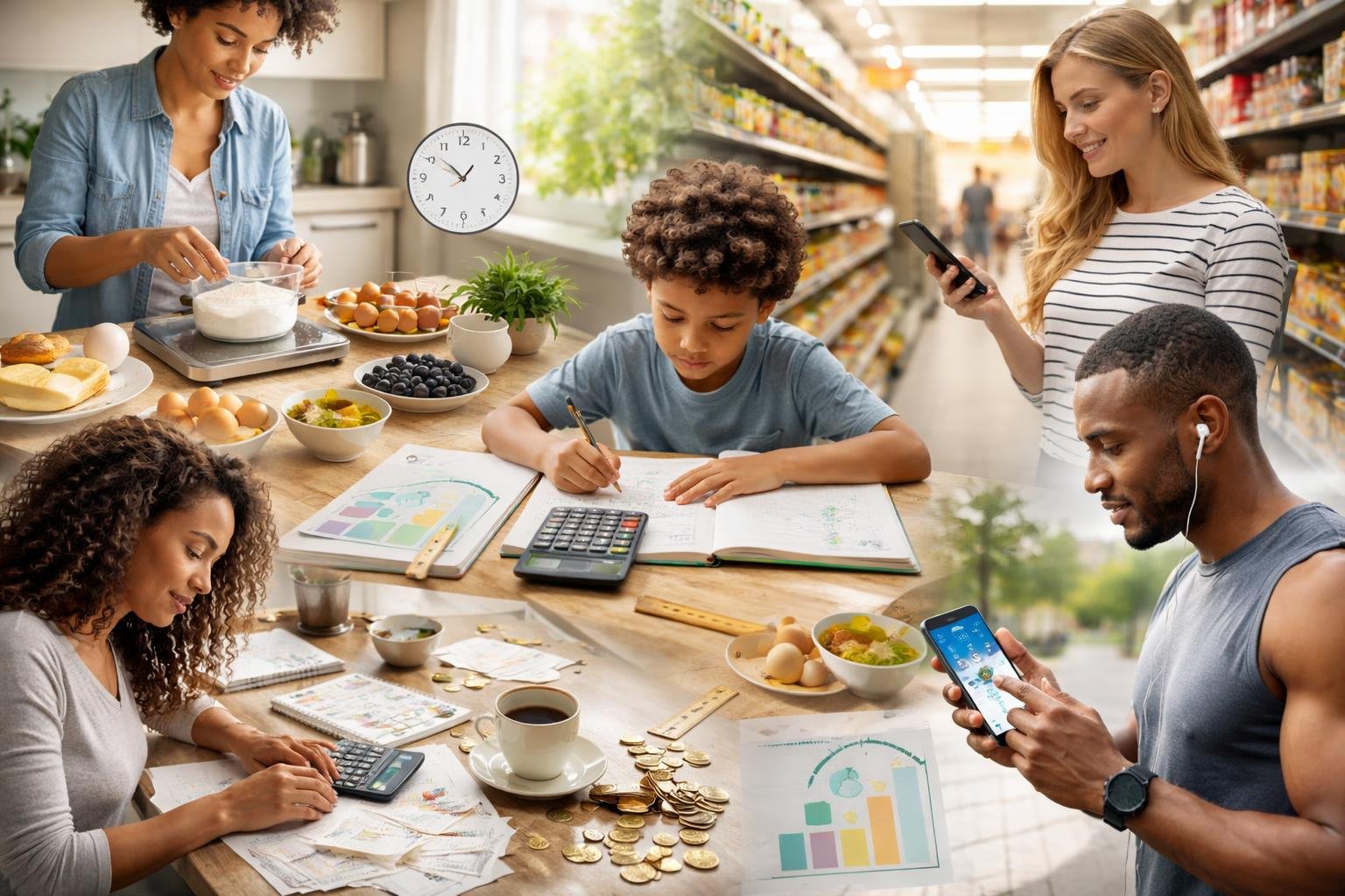 People performing everyday tasks involving math, such as calculating expenses, measuring ingredients, studying, shopping, and tracking fitness data.