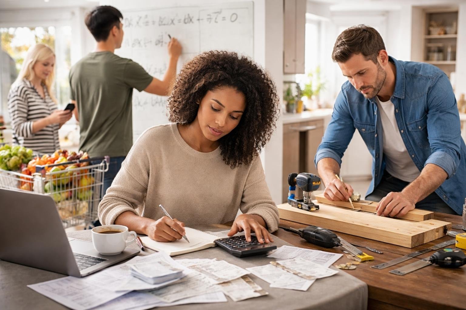 People using algebra in daily life, including budgeting, measuring for a home project, solving equations, and comparing prices while shopping.