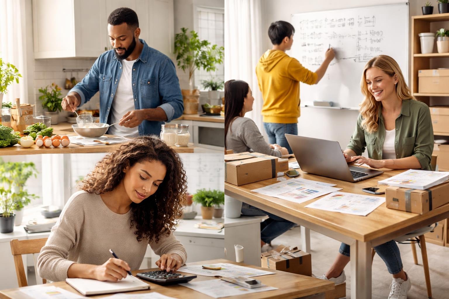 People using algebra in daily life, including calculating expenses, measuring ingredients, solving math problems, and reviewing sales charts.