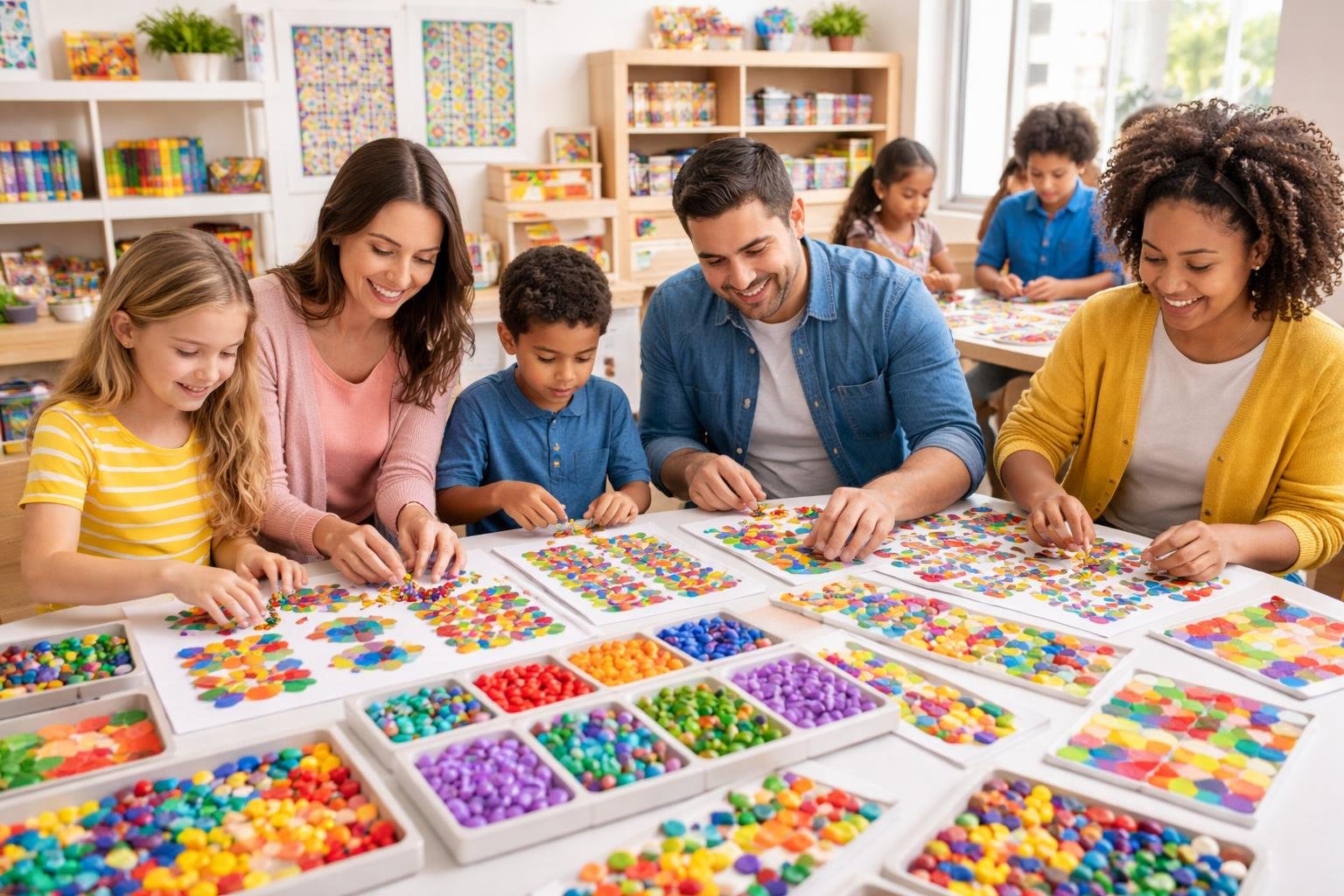 People of various ages creating colorful repeating patterns together at a large table filled with craft materials in a bright indoor setting.