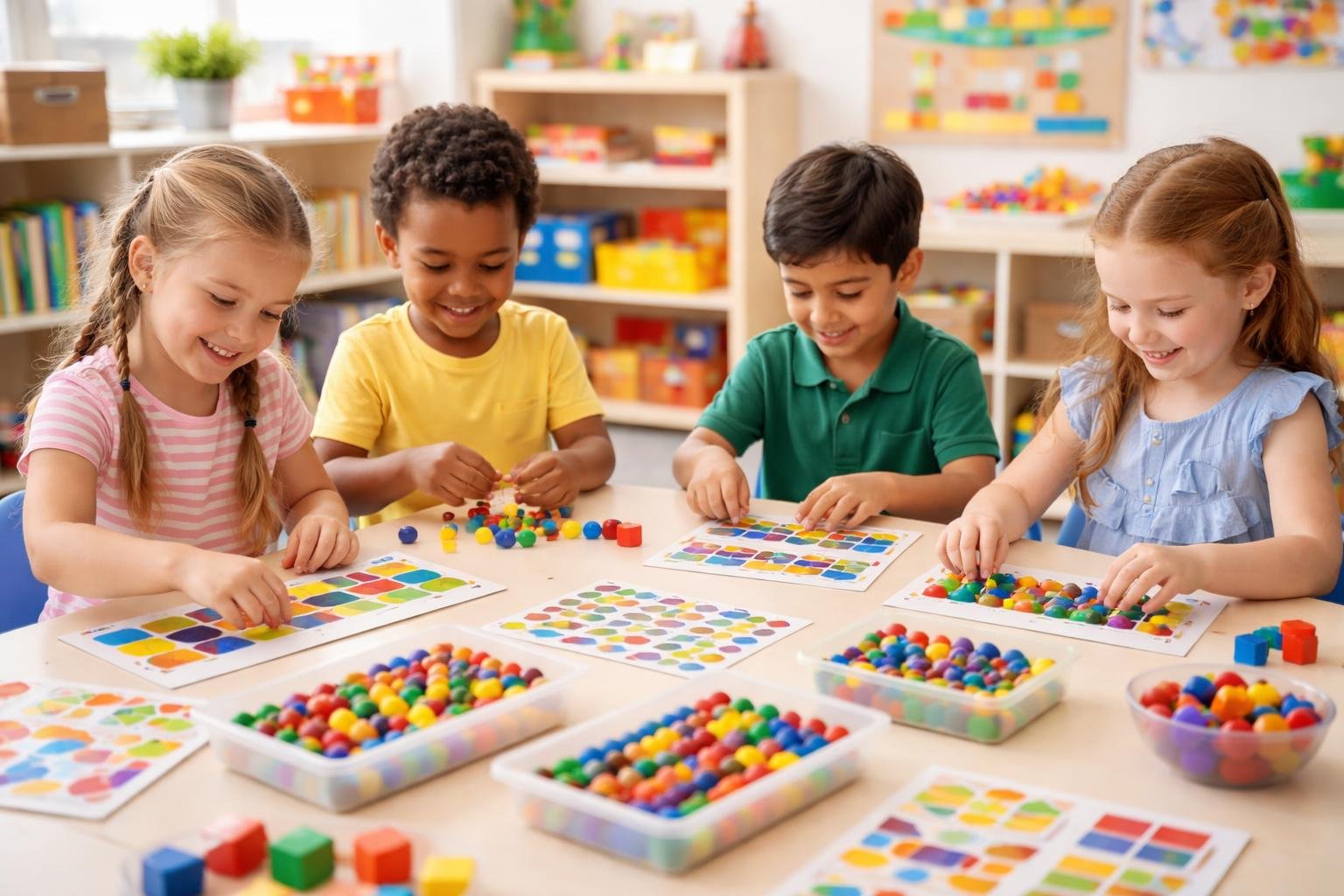 Children sitting around a table engaged in colorful pattern activities with educational materials in a bright classroom.
