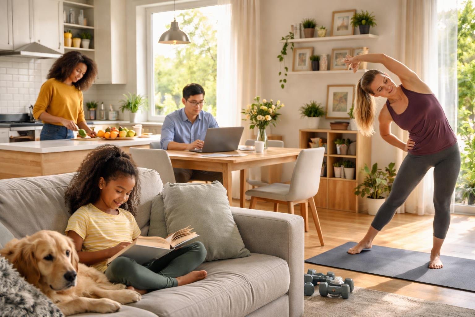 People engaged in everyday activities at home including cooking, working on a laptop, reading, and stretching.