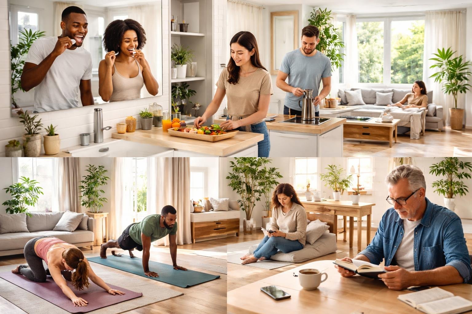People performing everyday activities like brushing teeth, preparing breakfast, exercising, using smartphones, and reading in a bright home.
