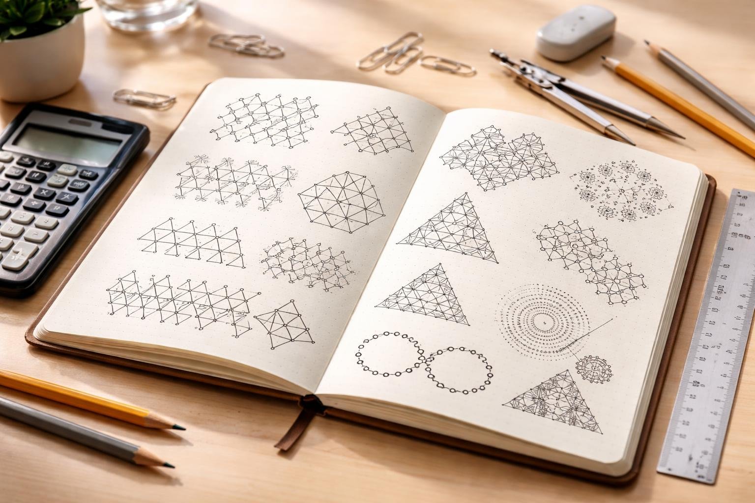 A workspace with an open notebook displaying geometric patterns and sequences, surrounded by mathematical tools like a calculator, compass, ruler, and pencils.