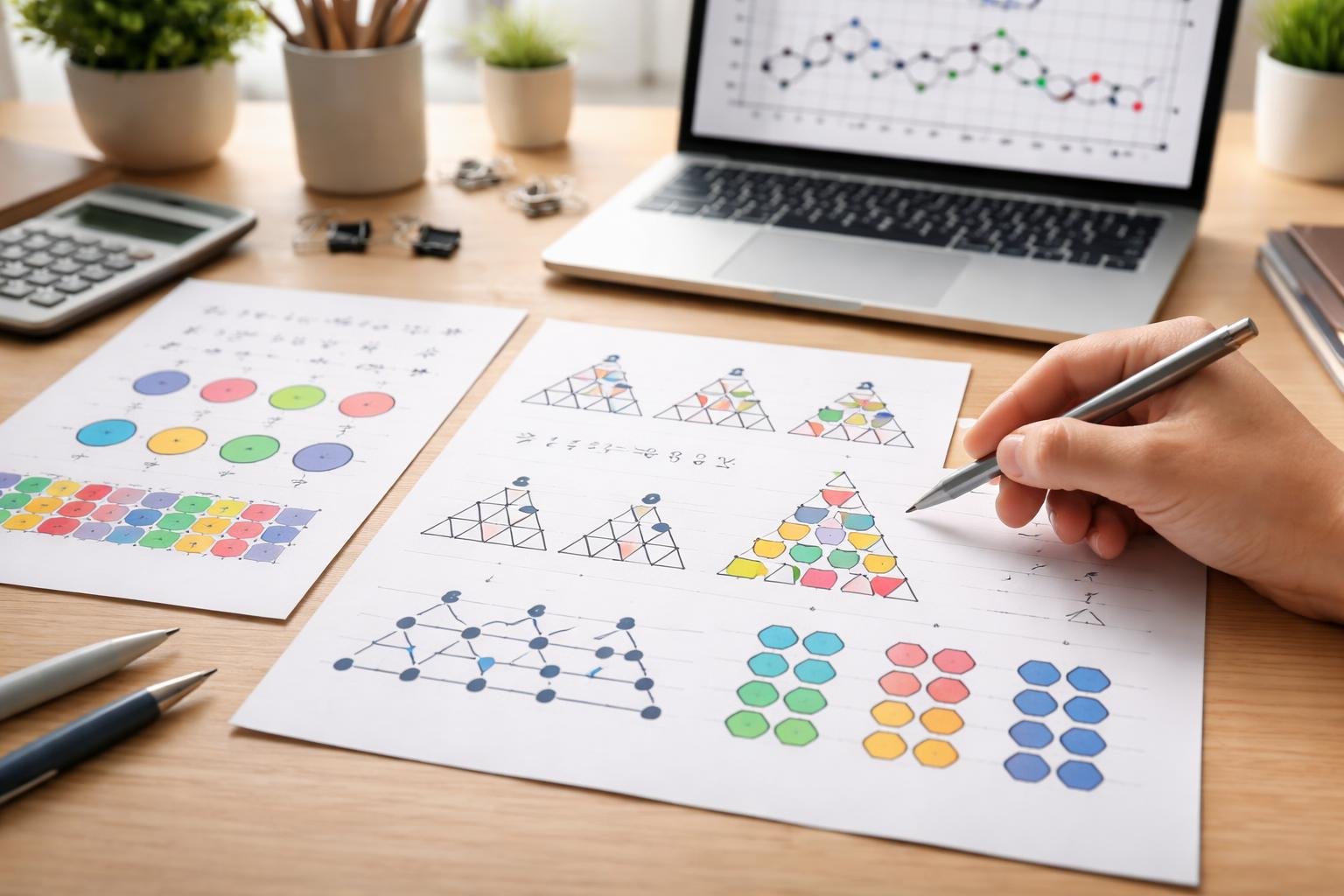 A hand drawing mathematical patterns on paper with geometric shapes and number sequences on a desk next to a laptop displaying a graph.